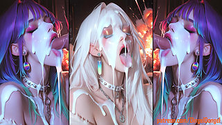 Anime characters get their faces thoroughly covered in cum.