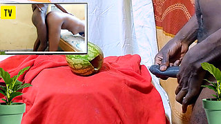 Teen Fucking watermelon while watching porn movie of Dicksex and Givensex fucking together till I got CUM, so wet and hot pussy!