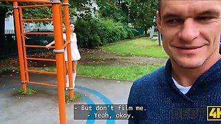 Beautiful babe gets rid of her debt with a penis inside her pussy