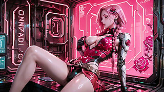 Pink-haired Cyborg Maid Wakes up Lazy in Neon Cockpit