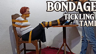Tied with Plastic Tape Gagged with a Heel on the Face and Being Masturbated with a Toy