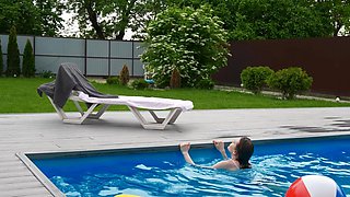 Russion babe Milka Wey teases in tiny shorts by the pool