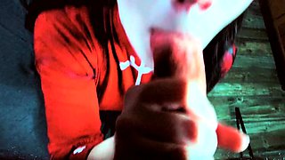 Brunette with foot fetish rubs big dick with her feet in POV