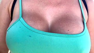 Big tits mom, outdoors, walked in