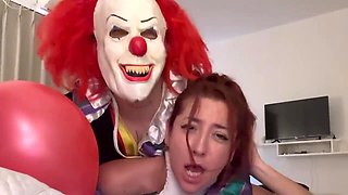 Latina milks a cumshot out of her BF in a Halloween clown costume