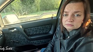 Hitchhiker Sandy Switch sucks driver's dick in car at high speed - Blowjob & facial with big natural tits