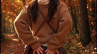 3D Anime Brown-haired Masturbates and Twerkes in Autumn Leaves
