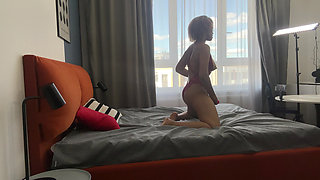 Black Girl in Red Lingerie Masturbates in a Comfortable Bed