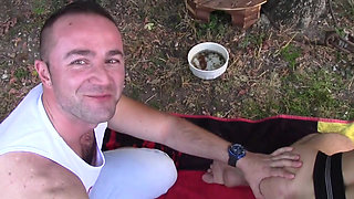 Philip fucked bareback by 2 top boys in the garden and creampied