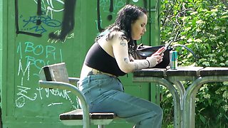 German chubby amateur sucks man cock in the park