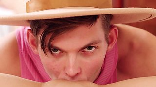 Dude in a goofy hat making love with a horny brunette