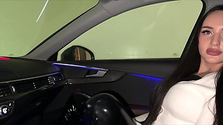 Arrogant slutty brunette wants to dominate first and then she sucks a dick in the car