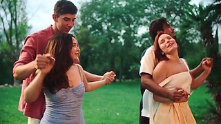 Passionate brunette explores sensual swinger group pleasures