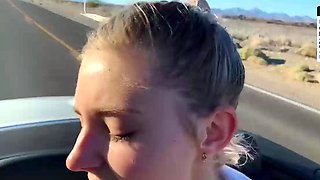 Blonde youthfull adult gives a DT in a car