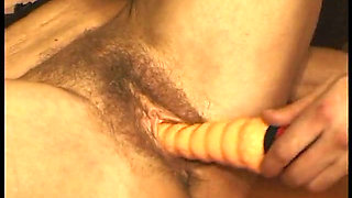 Stockinged gilf gets her hairy pussy dildoed and fucked by young fella