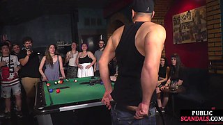 Public humiliated slut rims mans ass in front of voyeurs