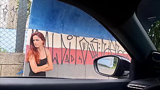 Risky Masturbation in the Car with a Hot Girl at the Bus Stop in Public!
