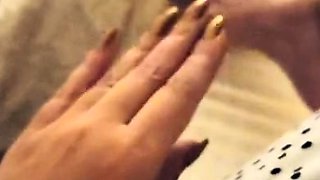 Brunette with foot fetish rubs big dick with her feet in POV