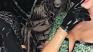 Jerking off a Real Dick in Latex Gloves From Two Dominas