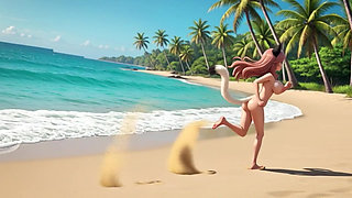 Two gorgeous voluptuous neko girls relaxing completely nude together on sunny tropical beach paradise