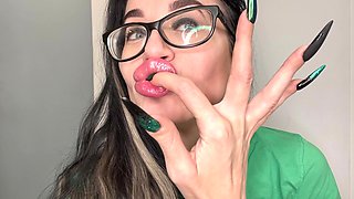 Finger Snapping and Sucking Fingers with Green Long Nails, Long Hair, Glasses and Face