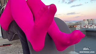 Pink Nylon Tease on the Rooftop at Sunset - Feet and Big Ass