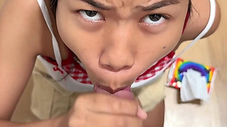 An 18-year-old Thai girl sucks me in a fitting room and I end up in her mouth