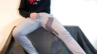 Loud moaning cumshot in pants