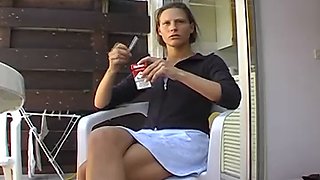 Skinny German babe gets cum all over her body and hungry mouth