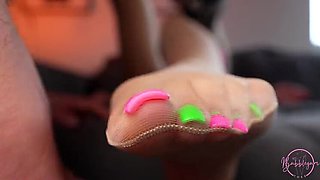 Bubblegumtoes Ripped Nylon Footjob - Blonde Bombshell Teases with Long Toenails in Sheer Pantyhose