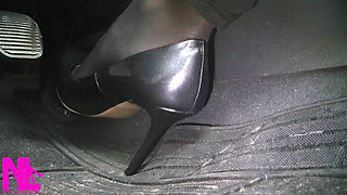 Revving and Driving in Black Pantyhose and Grey High Heels