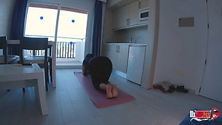 He took out his dick and began to masturbate on Stepmom&#039;s ass while the stepmom was doing yoga. Got a blowjob